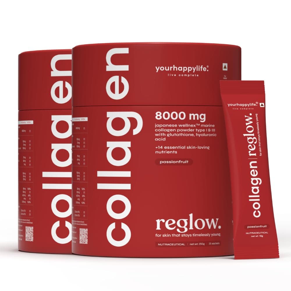 YourHappyLife Reglow 8000mg Wellnex Marine Collagen Peptide Supplement Powder For Women & Men| Type 1 & 3 For Healthy Skin, Hair & Nails |Glutathione, NAC, Biotin, Hyaluronic Acid -500gm, Passionfruit