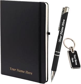 Personalized Diary with Metal Pen and Keychain Gift Set For Men, Women, Black and Gold, Hardcover, 21x15x1.5 cm, 80 Sheets, Professional, 3 Pieces