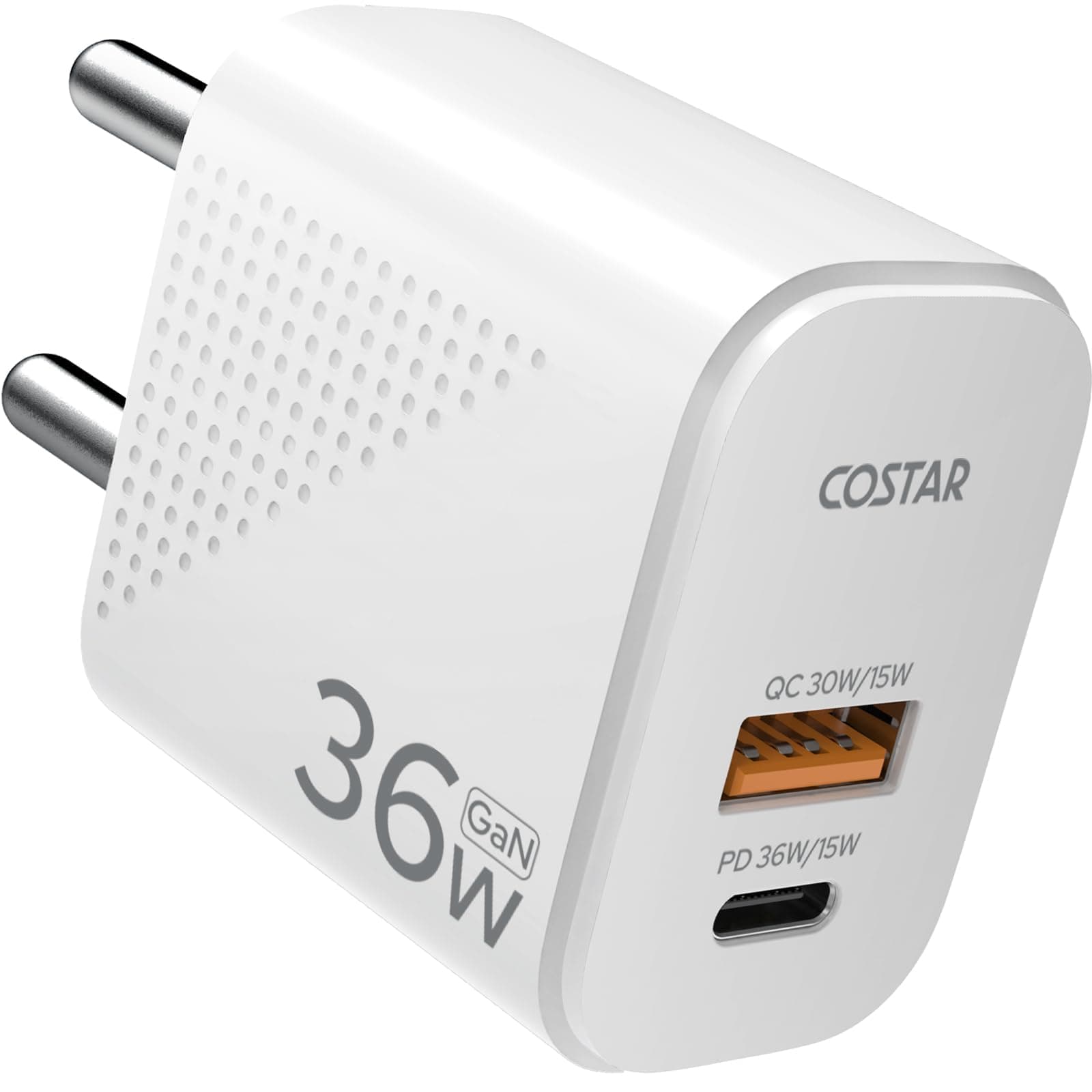 COSTAR Original Adapto 36W GaN Fast Charger Adapter QC PD Dual Port(USB + Type C), Fast Charger Compatible with Samsung Galaxy A15/M35/A35/A55/M05/M15/F15/M55, iPhone, Xiaomi, Vivio, Oppo, Android