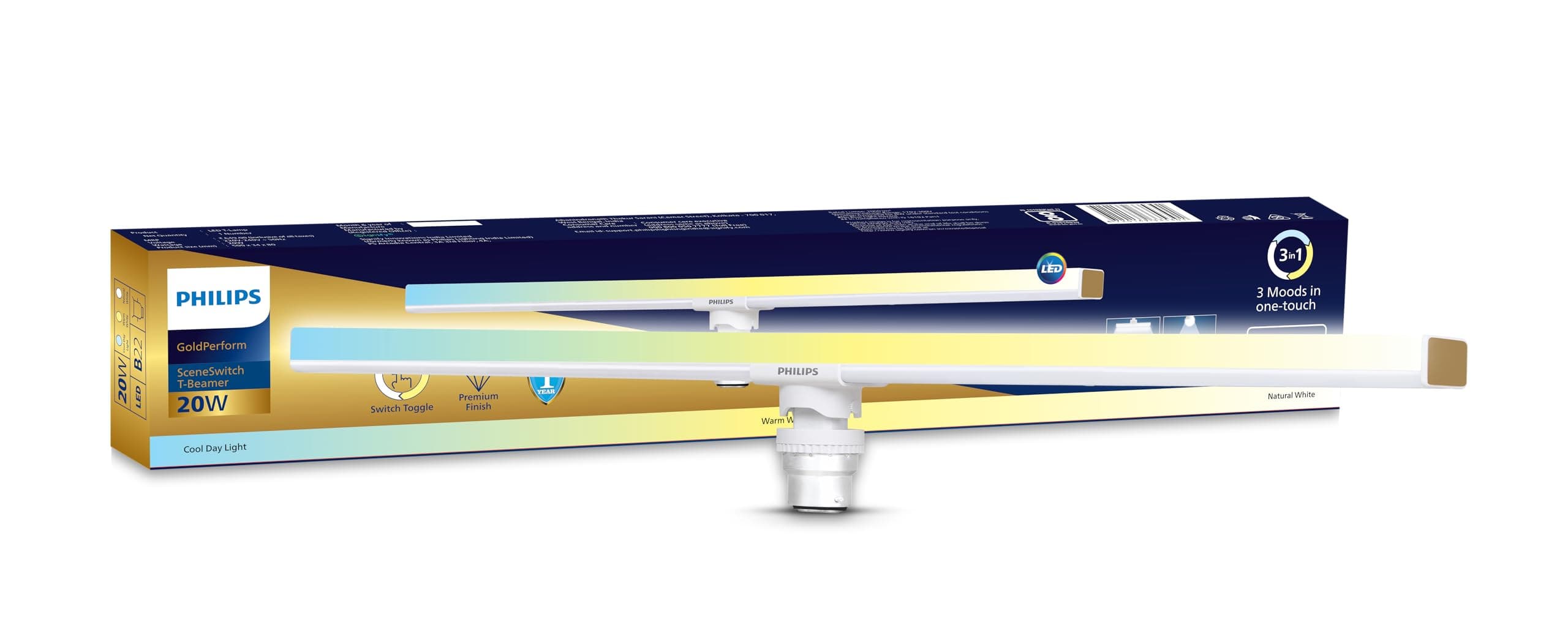 Philips 20W B22 LED T-Beamer |Compact 2ft 3 Colors in 1 LED Beamer | Scene Switch T-Beamer for Home & Decoration | Color: Tunable White | Pack of 1 | Gold Perform Series