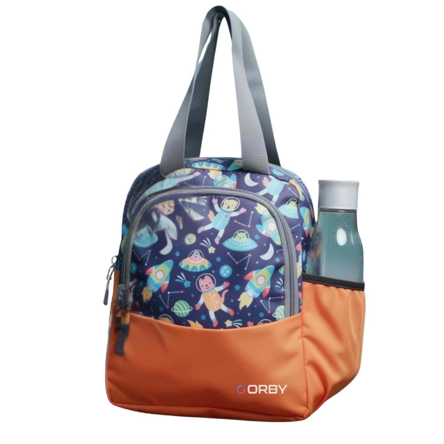 ORBY Lunch Bag Galaxy Spaceship Orange | Water-Repellent Durable Fabric | Tiffin Bag with Bottle Holder & Front Pocket | Strong Zipper & Spacious Meal Storage (Spaceship Pattern, Orange)