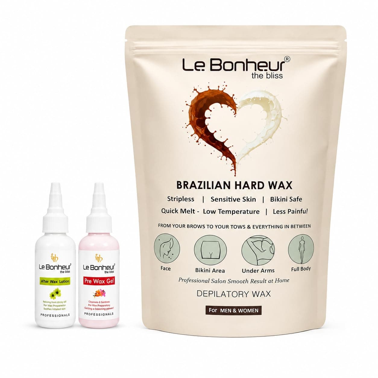 Le Bonheur Stripless Brazilian Hard Wax 500g | Peel-Off Wax for Face, Bikini, Underarms & Body | Strong Root Hair Removal | For Men & Women | FREE Pre Waxing Gel 45ml + After Waxing Lotion 30ml
