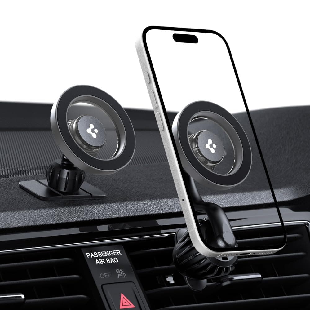 Spigen Magnetic Air Vent & Dashboard Car Mount (Extension Type) - Silver | Super Strong Magnetic Air Vent & Dashboard Car Mount Extension Type (MFT13-1) with Magnetic Ring for Galaxy & iPhone