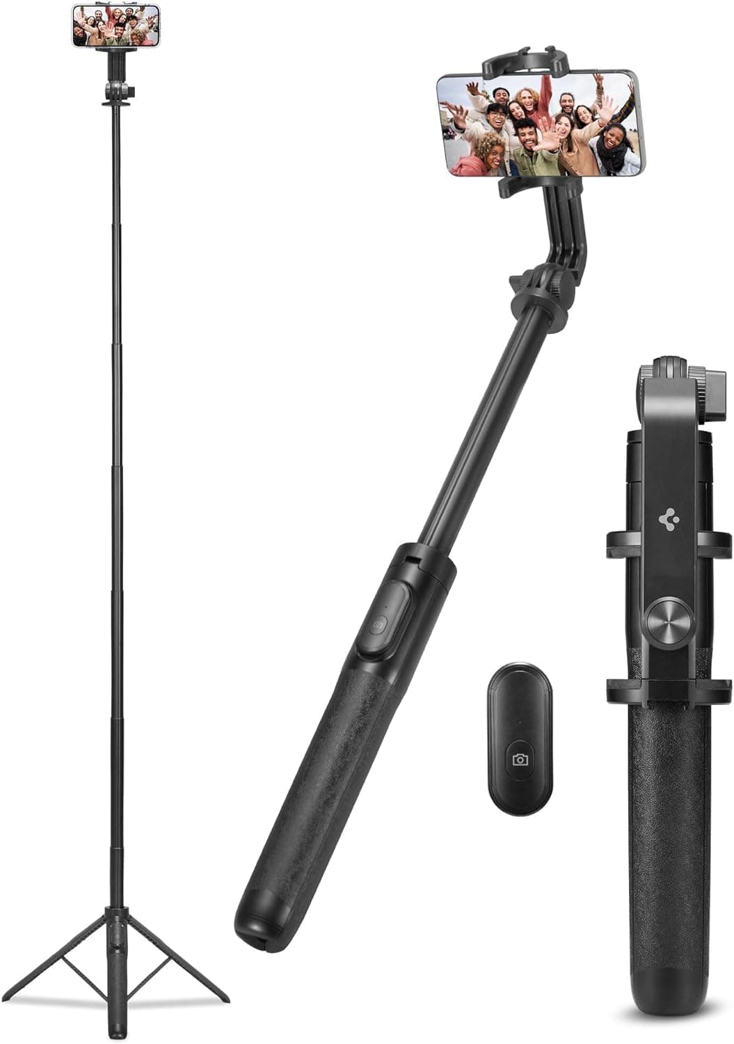Spigen S560 Selfie Stick Tripod, 1.6m Extra Long, Reinforced Tripod Stand with Wireless Blutooth Remote, All-in-One Phone Tripod for iPhone, Samsung Android, Camera, GoPro and More - Black