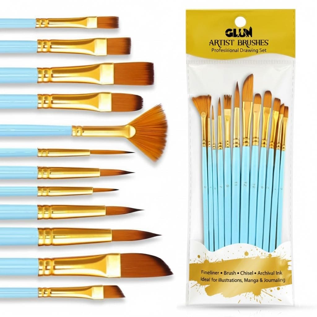 12 Different Professional Paint Brush Set for Artists, Turquoise Colour Students use Paint Brushes, Wide & Fine Tip, Nylon Hair Artist Drawing Brushes