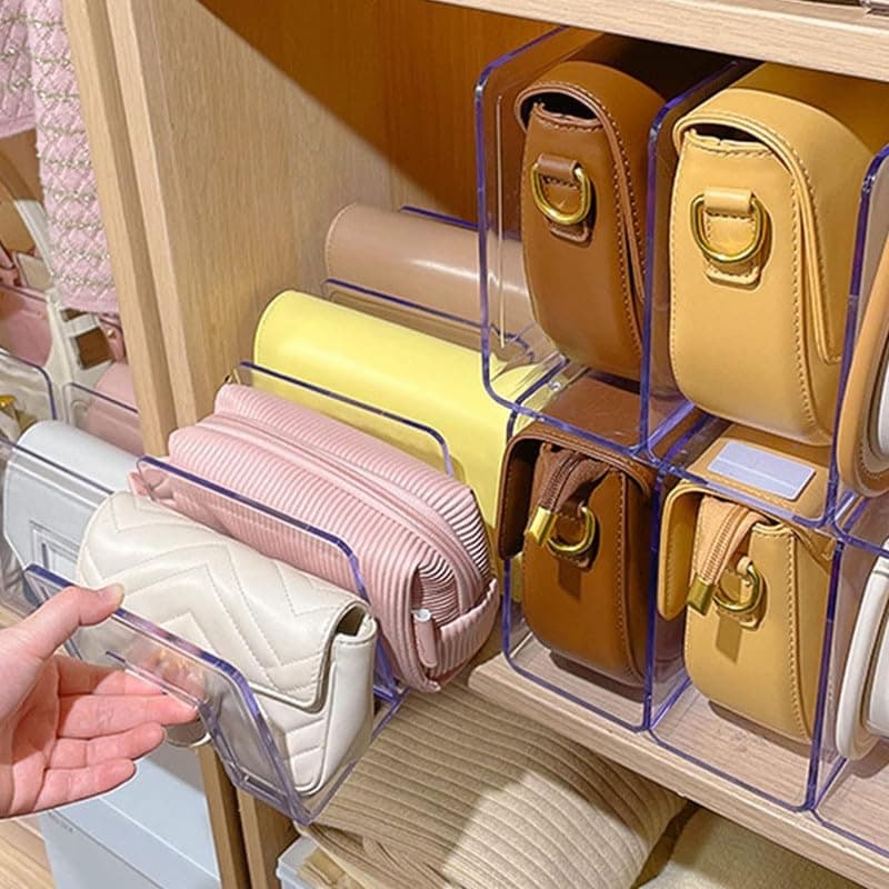 MosQuick® 4 Compartment Purse Organiser Bag Stand Acrylic Organizer book stand for table File Organiser Multifunctional purse organiser for wardrobe Book Handbag Transparent