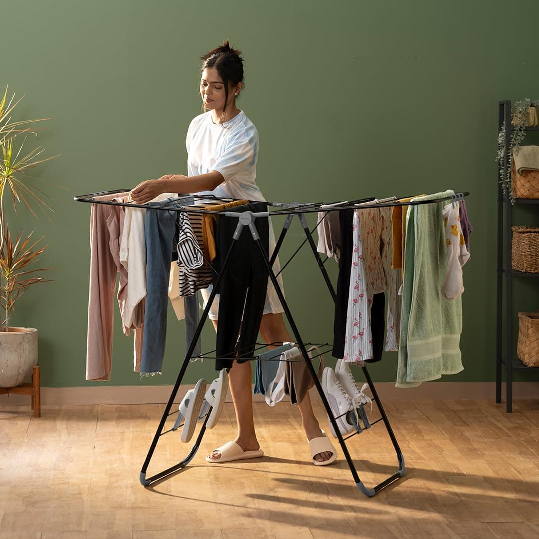BonKaso Premium Steel Foldable Cloth Dryer Stand | Heavy Duty Clothes Drying Rack with Arm Lock & Socks Holder | 147 x 60.5 x 105.5 cm | Black & Grey