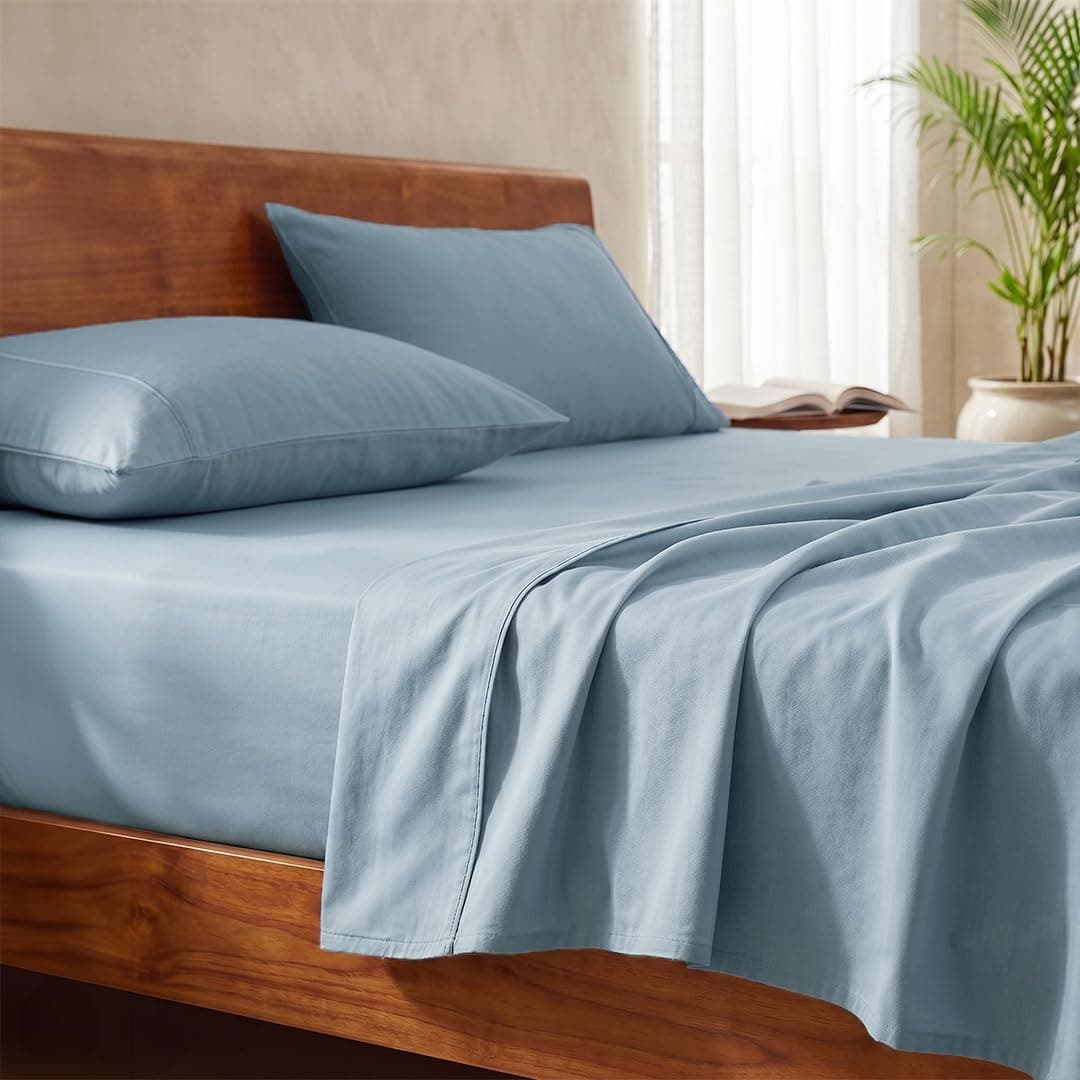 LANE LINEN 100% Organic Cotton Bedsheet Set for Super King Bed - Oeko-TEX Certified, Soft, Breathable & Comfortable, Machine Washable, Includes 1 Flat Sheet & 2 Pillow Covers - French Blue