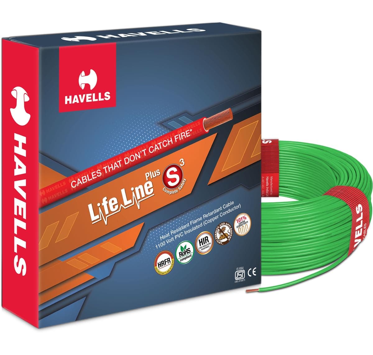 Havells LifeLine+ S3 | 1.5 sq.mm Copper Wire (180m-Green)| Class 2 Conductor (100% Copper), Heat Resistant & Flame Retardant - Ideal for Domestic & Industrial Use (WHFFDNGL11X57)