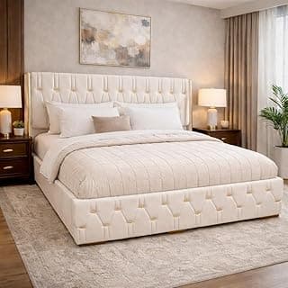 Royal Aura Upholstered Queen Size Bed with Box Storage for Bedroom | Elegant Wooden Double Bed with Storage | Platform Cot Palang with Tufted Headboard | 6.5 x 5 Ft | Sheesham Wood | White
