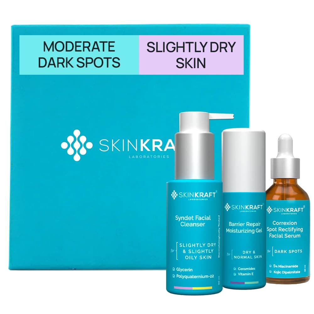 SkinKraft Moderate Dark Spot Kit For Slightly Dry Skin - Customized Skincare Kit - Cleanser + Moisturizer + Moderate Dark Spots Serum - For Women & Men - Dermatologist Recommended (Pack Of 3) | Cleanser, moisturizer & serum | With 5% Niacinamide & Kojic Dipalmitate | Fades dark spots | For normal to dry skin