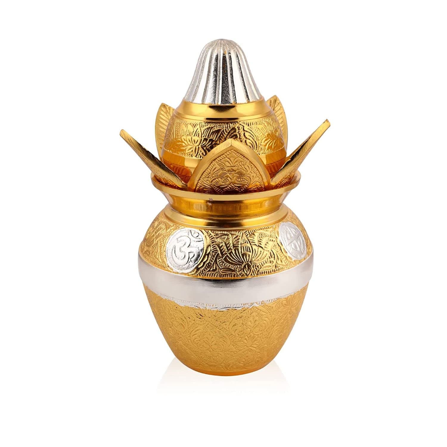 THE HEALING STORE Brass German Gold-Silver Plated Pooja Kalash Oval Lota With Coconut, Leaves And Royal Velvet Box Poojan Home, Temple Wedding Gift (Medium)