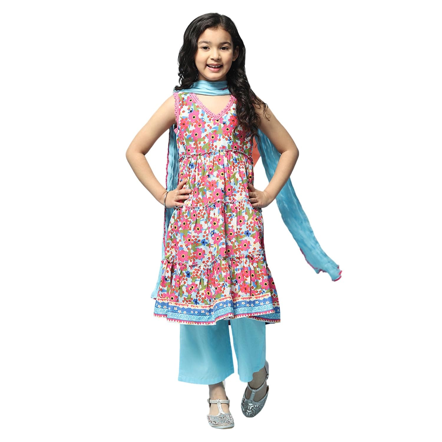 BIBA Girls Cotton Tiered Kurta Straight Palazzo Suit Set
