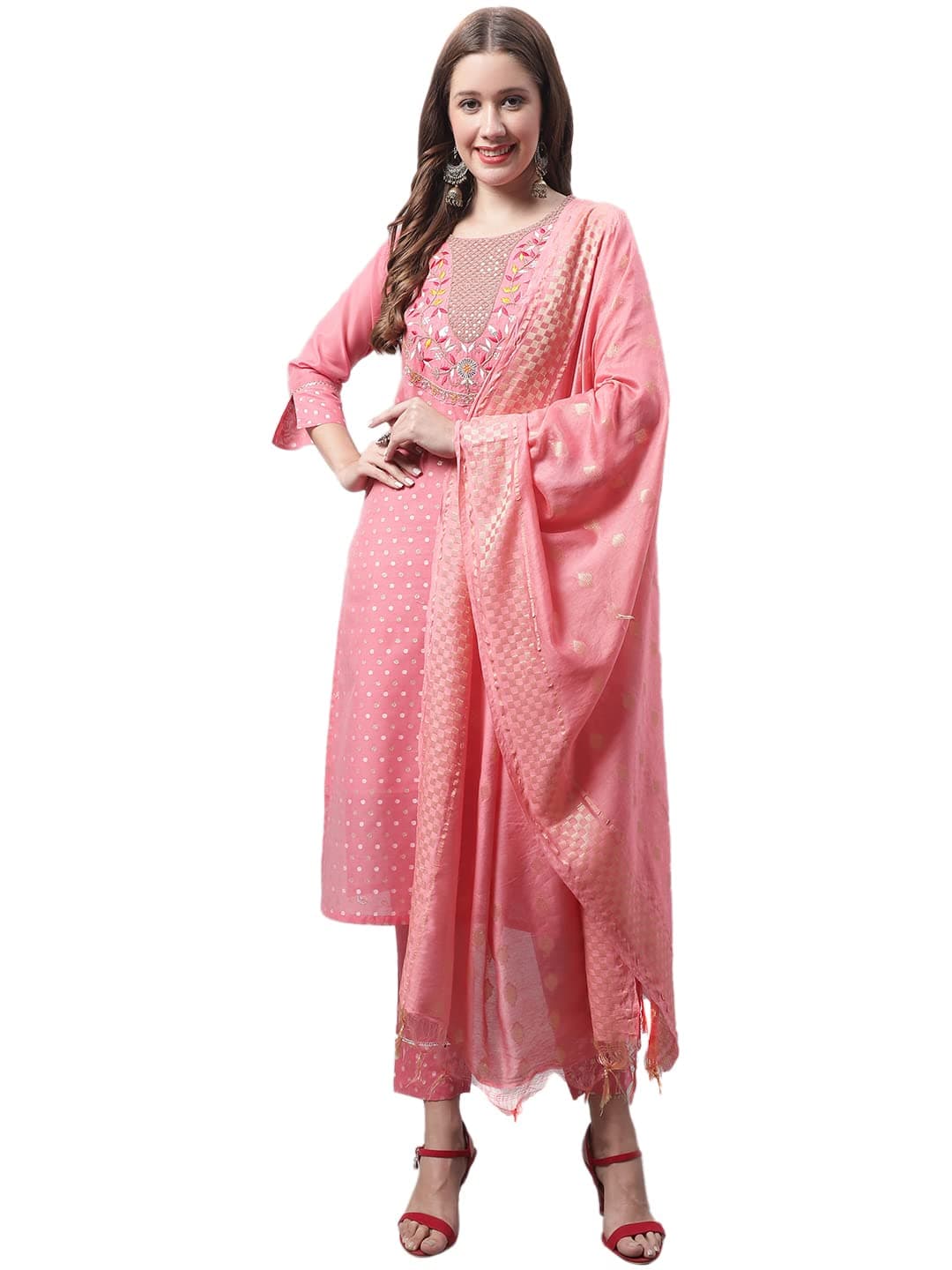 VredeVogel Women's Silk Blend Chanderi Modal Butti Regular Kurta Trouser with Dupatta Set & Embroidered Chanderi Dupatta Set