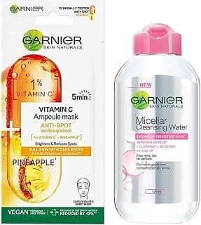Garnier Skin Naturals, Micellar Cleansing Water, 125ml & Garnier Vitamin C Serum Ampoule Face Sheet Mask With Pineapple - For Dull Skin And Acne Spots