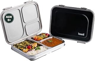 Basil Bento Box - Bento Lunch Box for Kids and Teenagers, 900 ml | 3 Compartment Lunch Box | Stainless Steel Tiffin Box for Kids | Leak Proof Lunch Box | Ideal for Teenagers. Kids & Adults-Black