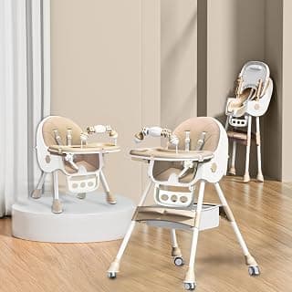 Infantso Feed-X (5-in-1) Baby High Chair/Baby Feeding Chair with Foot Support for 0 to 5 Years Baby, High/Feeding Chair Foldable, Height Adjustable, Safety Harness, Wheels, Cushion, Portable Chair