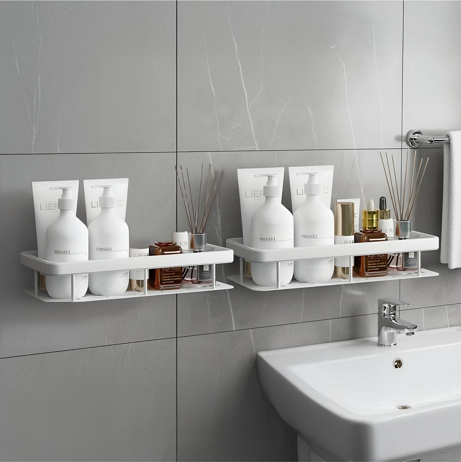 amazon basics 2 Pack Self Adhesive Bathroom Shelf for Wall, Bathroom Organiser Without Drill, Rust Resistant Wall Mounted Bathroom Rack for Shampoo, Soap & Toiletries, Black