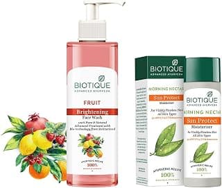 Biotique Fruit Brightning Face Wash, 200ml & Biotique Morning Nectar Sun Protect Moisturizer For Visibly Flawless Skin All Skin Types, 120 ml