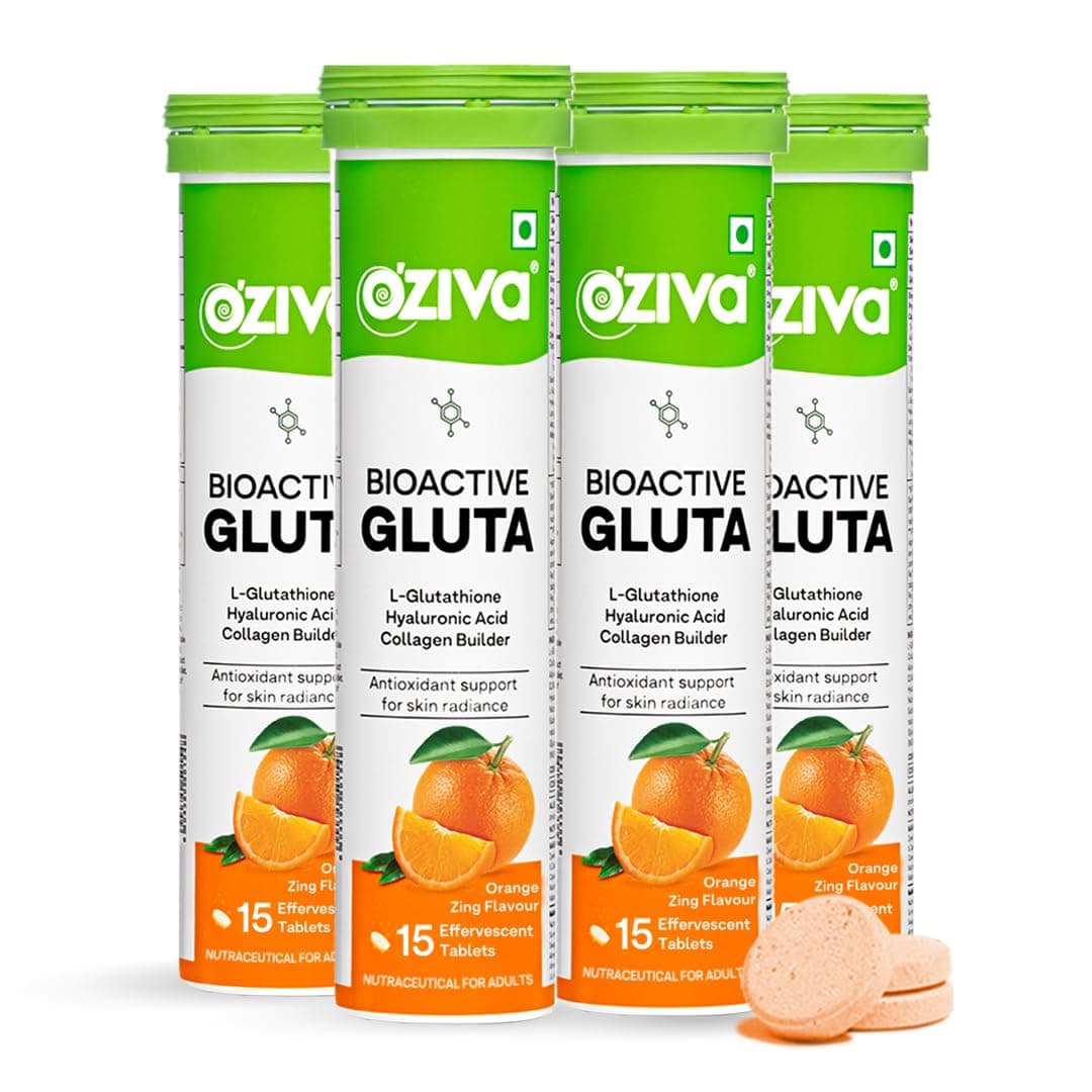 OZiva Bioactive Glutathione Tablets for Radiant Skin - 60 Effervescent Tablets (Pack of 4) | L-Glutathione, Lycopene, Vitamin C for Skin Glow & Anti-Pigmentation|Orange