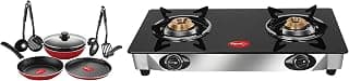 Pigeon by Stovekraft Mio Aluminium Gift Set, Red (8 Pieces) and Stovekraft Favourite Glass Top 2 Burner Gas Stove, Manual Ignition, Black
