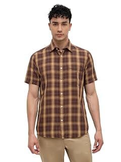 Colorplus Men Regular Fit Checks Pattern Linen Cotton Blend Plain Collar Half Sleeve Casual Shirt