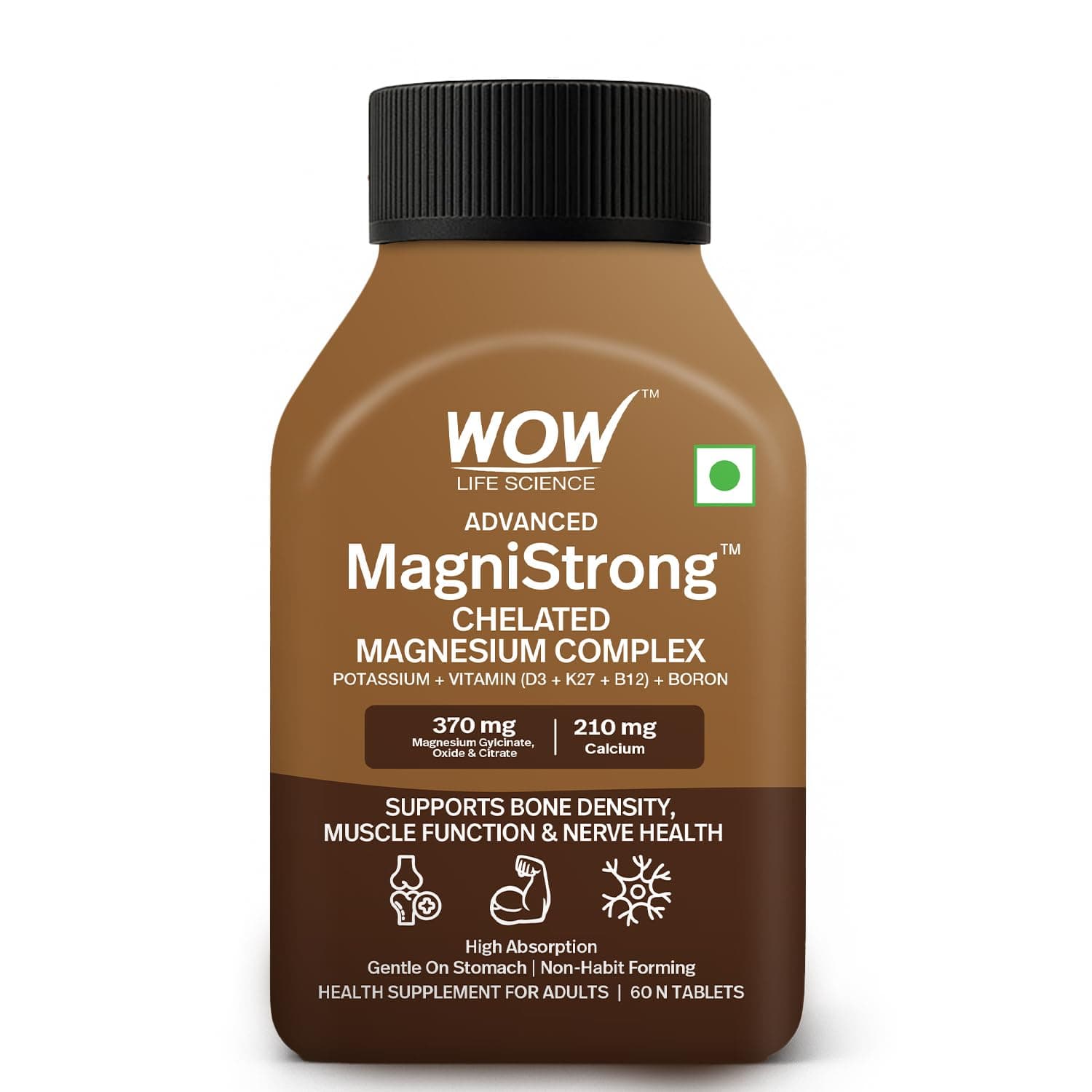 WOW Life Science MagniStrong™ Magnesium Glycinate Supplement | Triple Magnesium Complex 370 mg (Glycinate, Citrate & Oxide) | With Vitamin D3, K2-7 & B12 | Supports Muscle, Nerve, Sleep & Bone Health | 60 Tablets