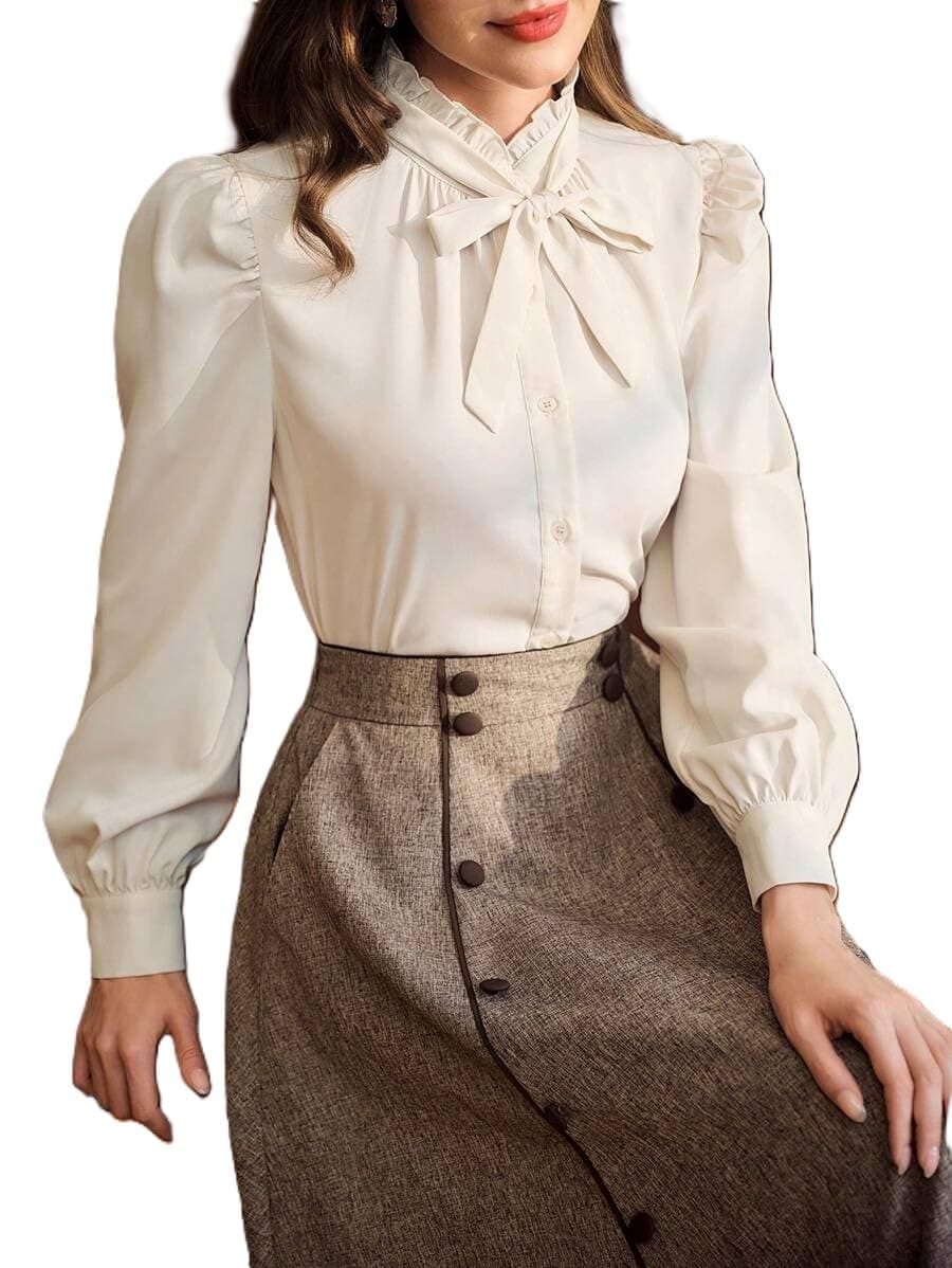 Zurity Women Top||Vintamour Vintage Elegant Women's Blouse with Ruffle Collar, Bowknot Cuff, and Gathered Details, Long Sleeve Casual Work Shirt Fall Women (S-07-10)