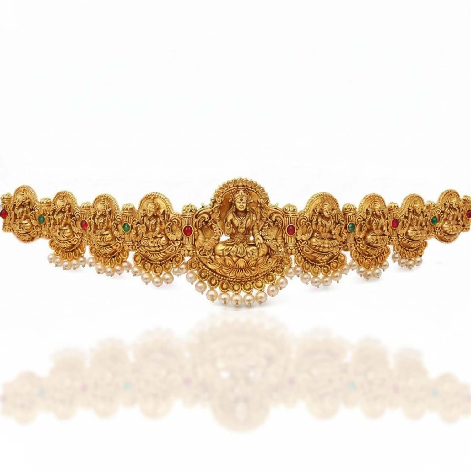 VAMA FASHIONS Traditional Adjustable 18K Gold Plated Antique Anti Tarnish Lakshmi Laxmi Devi Vaddanam White Pearl Stone Waist Belt Kamrband South Indian Kamrbandh Temple Jewellery For Women & Girls