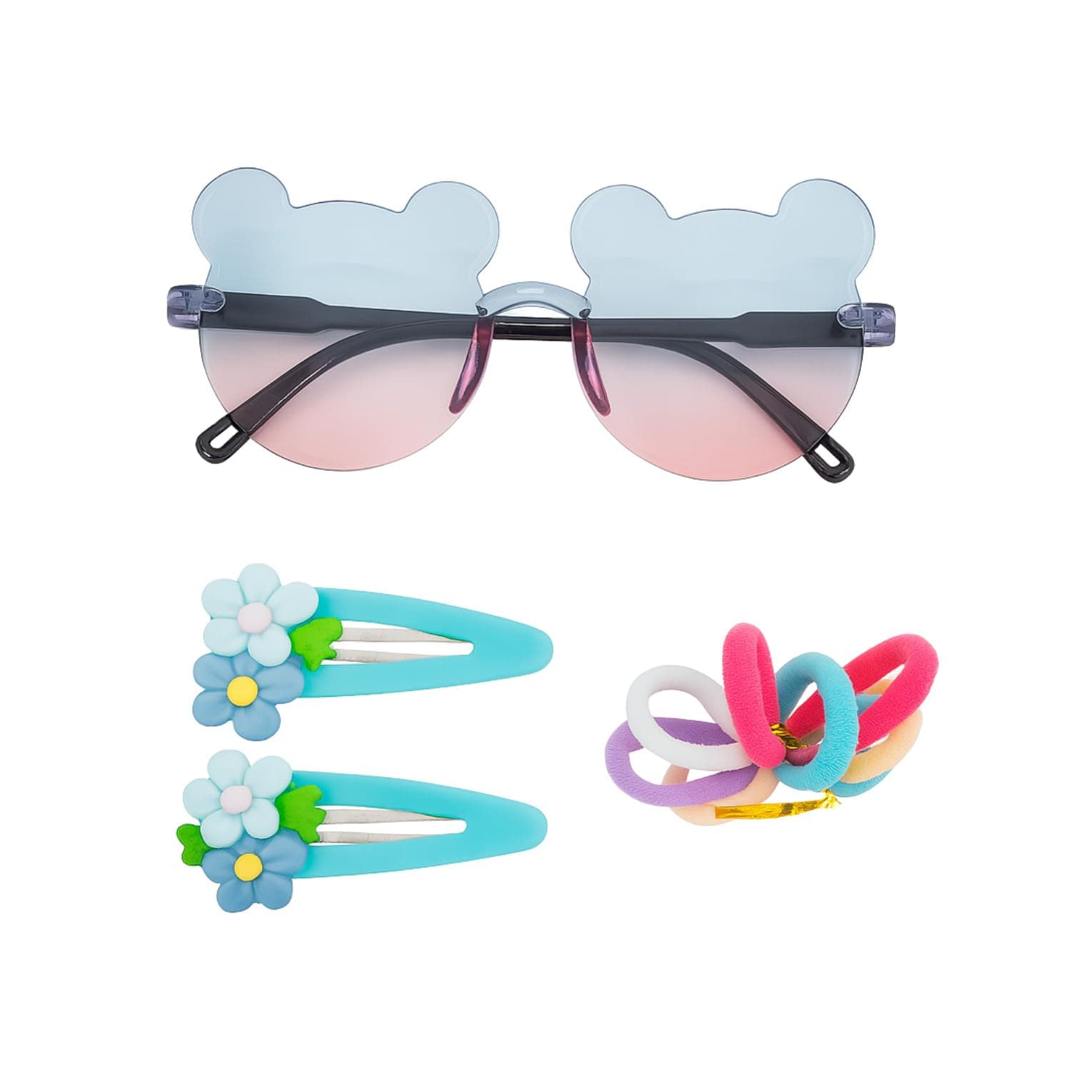 ANNA CREATIONS Pack of 11 Pcs With in 1 Bear Shape Sunglasses 2 Cute Hair Clip & 8 pcs rubber band for Kids – Hair Accessory for Baby Girls