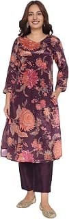 W for Woman Wine Printed Chinon A-line Kurta with Embellished Neck