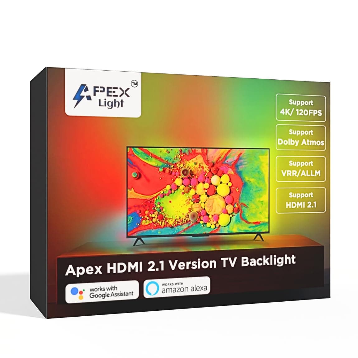APEX LIGHT HDMI 2.1 Version TV Backlight, HDMI 2.1 Sync Box, Supports 8K@60Hz, 4K@120Hz, VRR and ALLM, Works with Google Assistant and Alexa, RGBIC LED Light Strip for 32-90 inch TVs, 60 LEDs/m