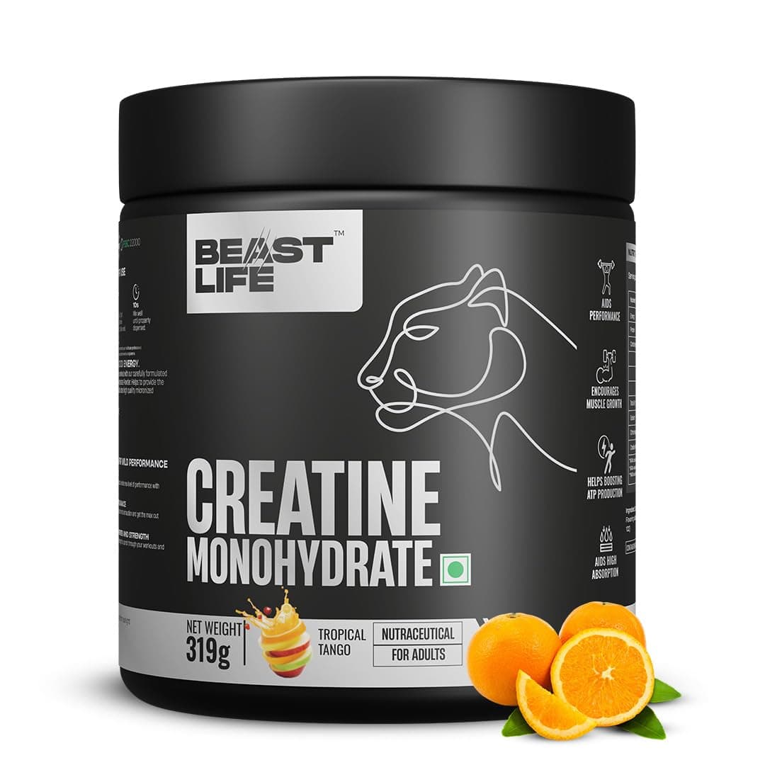 BeastLife Micronised Creatine Monohydrate Powder Tropical Tango 319g | 86 Servings | NABL Lab Tested | Rapid Absorption for Muscle Strength & Athletic Performance