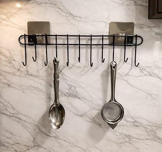 Wall Mounted Kitchen Utensil Hanger with Adhesive Hooks | Heavy Duty Metal Spoon & Ladle Holder Rack | No Drilling Kitchen Organizer for Cooking Tools, Cups & Accessories (Black)