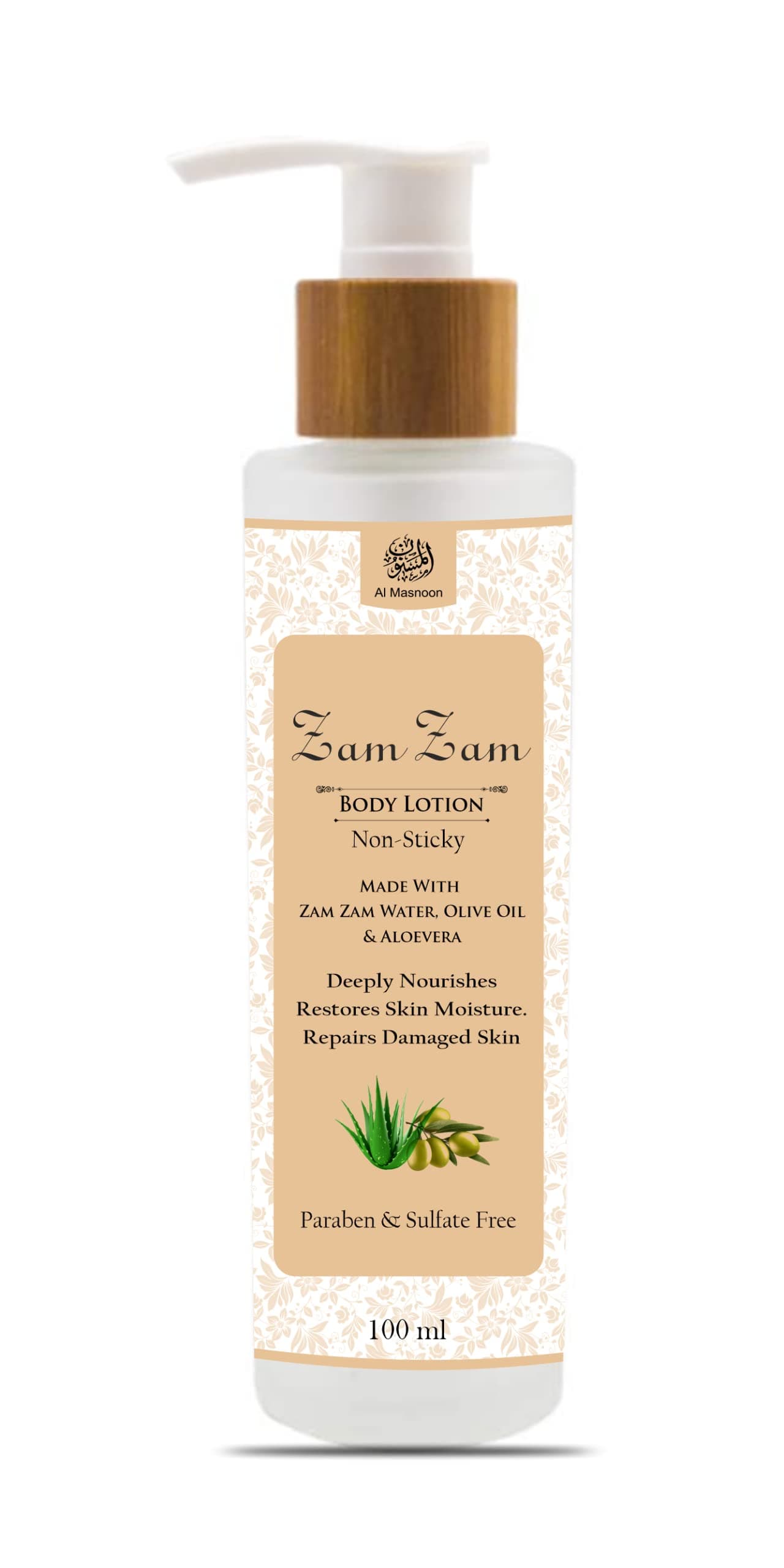 AL MASNOON Zam Zam Body Lotion/Made with Zam Zam Water/Olive Oil/Aloevera 100ML (PACK OF 1)/ PARABEN & SULFATE FREE