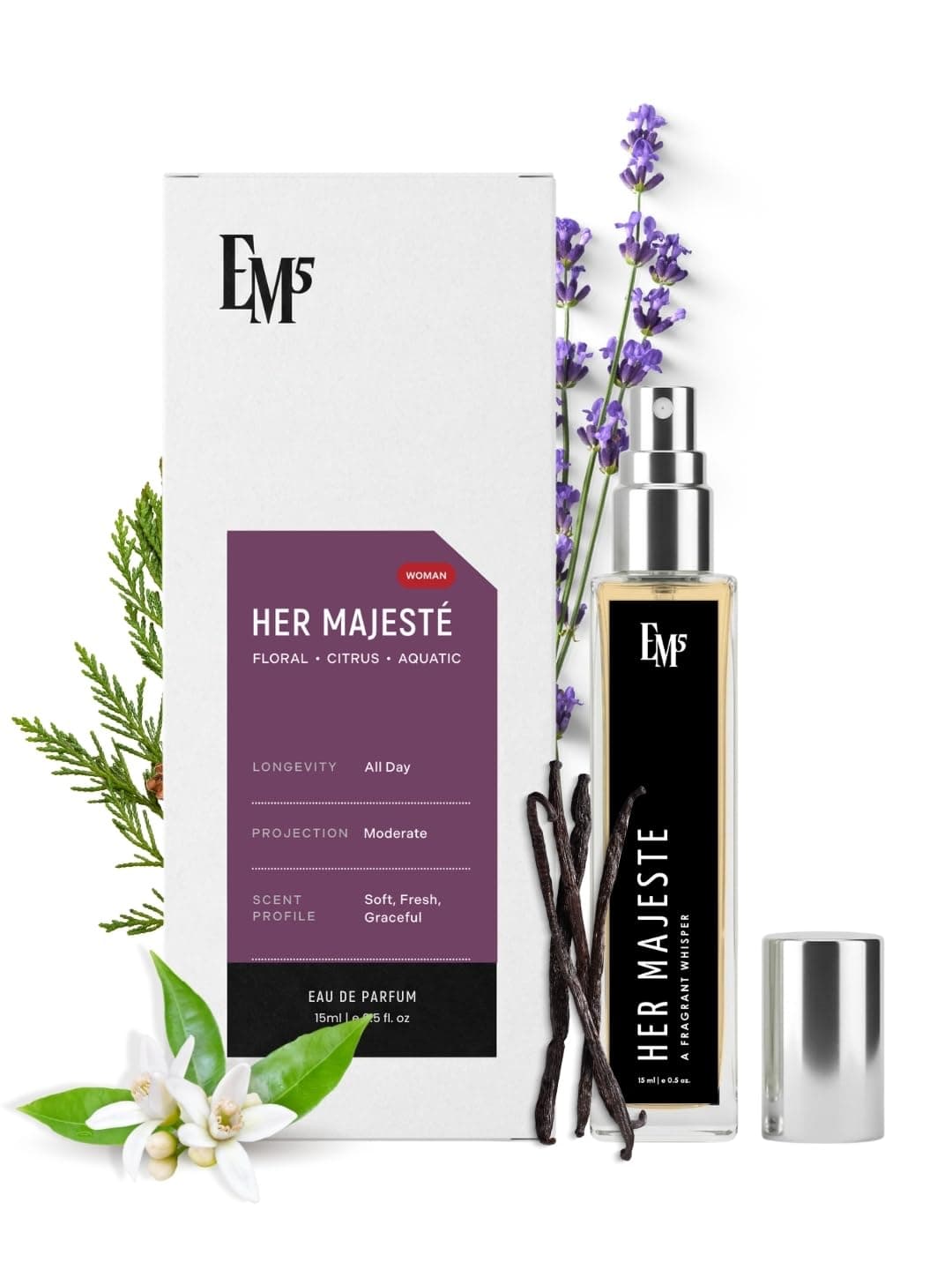 EM5 Her Majesté Perfume for Women | Floral Citrus Fresh Spicy Fragrance | Eau de Parfum Spray | Luxury Gift for Her | 15ml