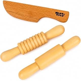 NESTA TOYS Play Dough Tool Set | Wooden Rolling Pin, Patterned Rolling Pin & Safe Knife | Montessori Sensory Play | Builds Fine Motor Skills | Non-Toxic | Gift for Boys & Girls Ages 2-6