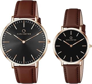 Carlington Unisex Iconic Analog Couple Wrist Watches with Premium Leather Strap - Ct 2043 & Ct 2044, Band_ Brown, Dial_ Black
