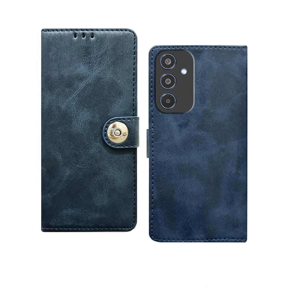 amazon basics Flip Cover Back Case for Samsung Galaxy M35 5G | Genuine Leather Finish | Designer Button | Inbuilt Pockets & Stand | Flip Back Cover Case for Samsung Galaxy M35 5G (Faux Leather, Blue)