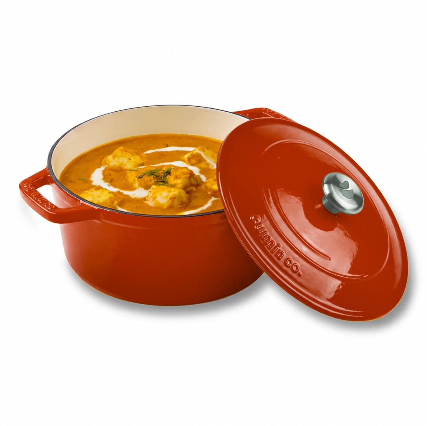 CUMIN CO. Cast Iron Dutch Oven 4L, 24 cm | Induction Base Cookware | 10 Years Warranty | Non Toxic Non Stick Biryani Pot with Lid | Heavy Bottom | Chemical Free Coating | Free Accessories | Color: Rust