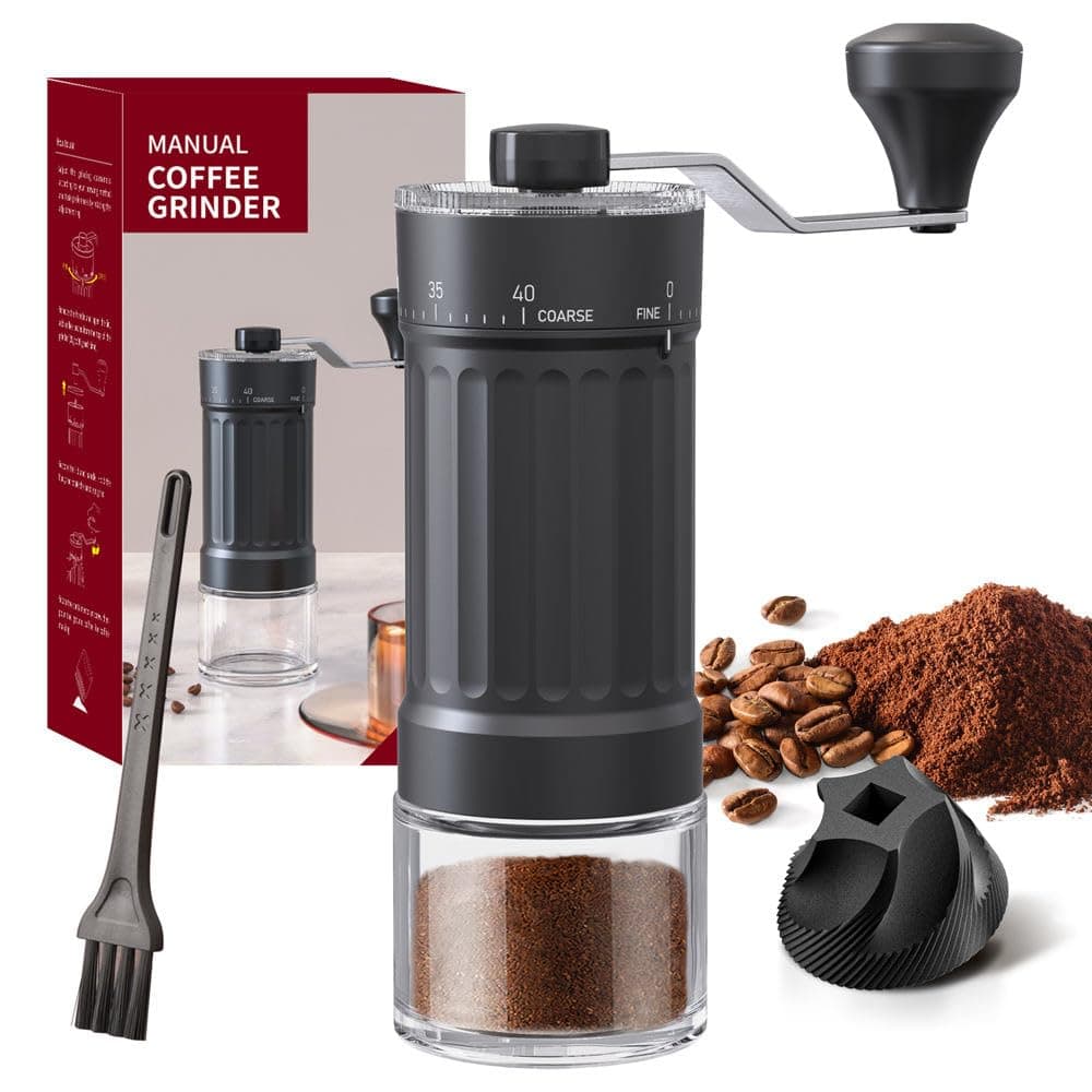 KOT® Manual Coffee Bean Grinder with 40 Adjustable Grind Settings, Ceramic Burr Mill, Glass Jar, Fresh Grind for Espresso, French Press, Pour Over, Cold Brew – Portable & Easy to Clean(KMDJ-HC)