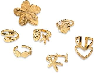YFXXEEA Shell Jewellery For Women Gold Flower Pearl Ring For Women Gold Plated Stainless Steel Adjustable Open Flower Statement Ring Dainty Non Tarnish Stackable Dainty Rings Jewelry