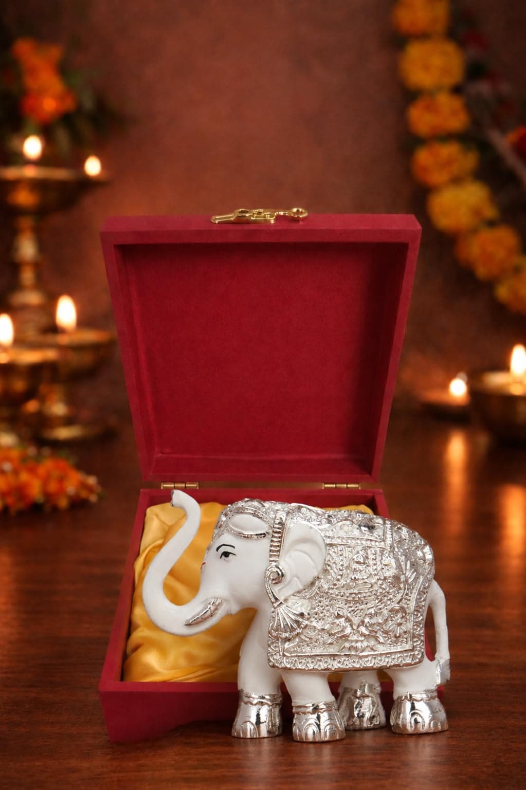 Funku Fashion 999 Sterling Silver Plated Elephant Idol Showpiece for Vastu, Good Luck, Gifts for House Warming Ceremony and Home Decoration - 3 Inches (1, White-Silver)