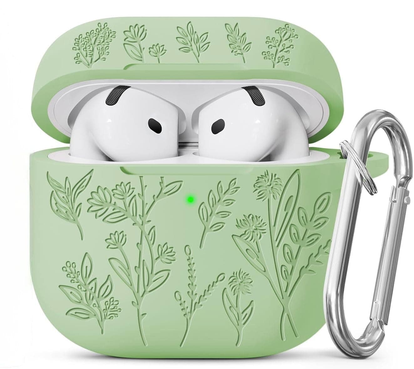 Meyaar Silicone Case for AirPods 4 Floral Embossed, Flower Engraved Soft Silicone Cover with Keychain, Anti-Scratch, Shockproof Protective Case Cover (Pistachio Green, for AirPods 4 (2024)