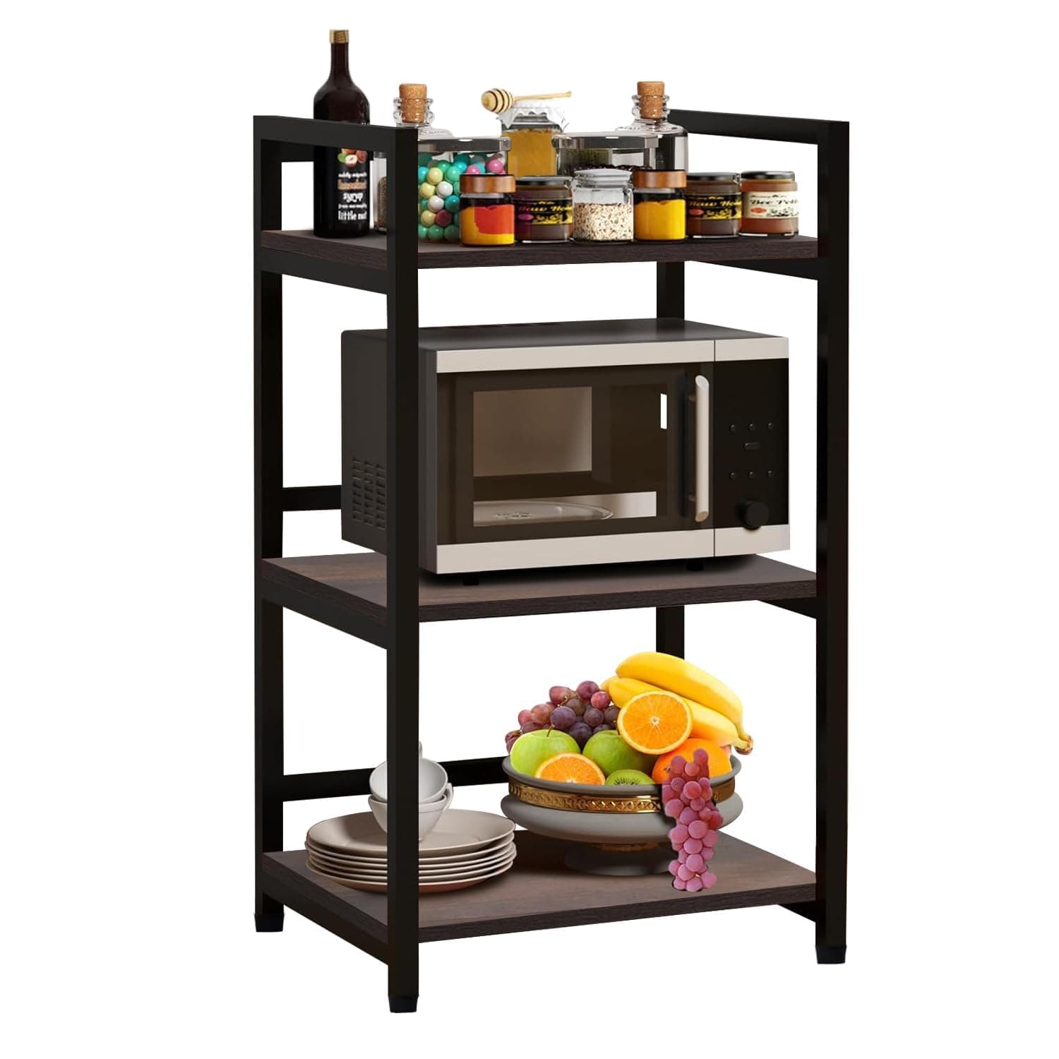 wow craft 3-Tier Multifunctional Rack | Kitchen Storage Shelf, Microwave Stand, Cosmetic Shelf Rack | Floor Mount Kitchen Shelves with Black Pipe Design | Crafted with Engineered Wood & Metal