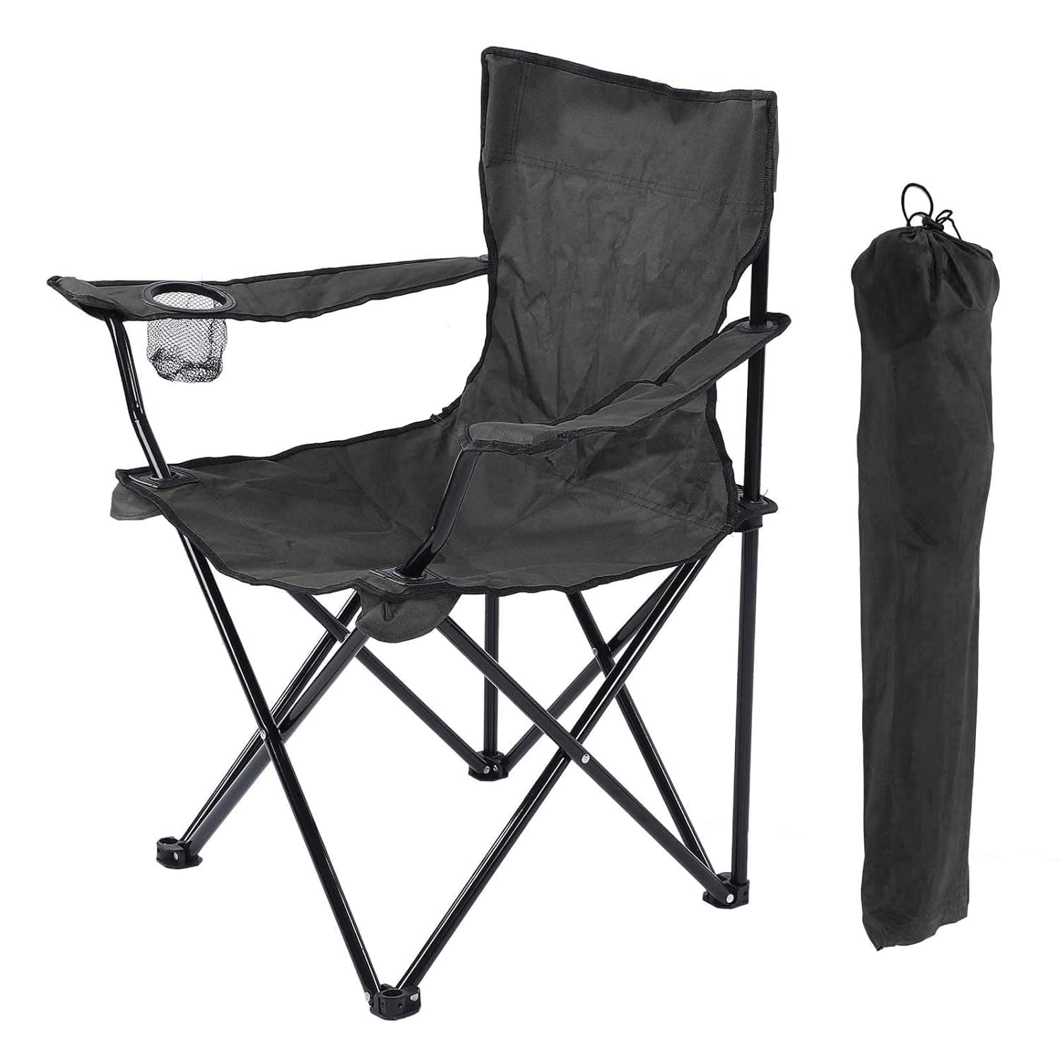 Kimee Foldable Camping Chair with Cup Holder | Portable Outdoor Chair for Picnic, Travel & Beach | Lightweight Heavy Duty Steel Frame | Easy Carry | Black