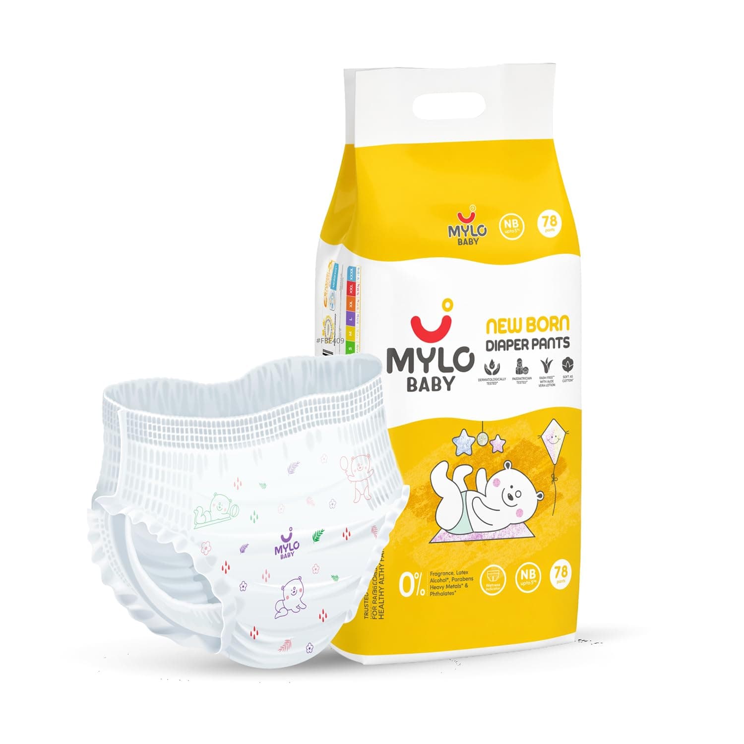 Mylo Baby Disposable Diaper Pants, Newborn (NB) (Pack of 1, 78 Count) | 12 Hour Leak Protection | Rash-Free with Aloe Vera | ADL Technology | Paediatrician & Dermatologist Tested
