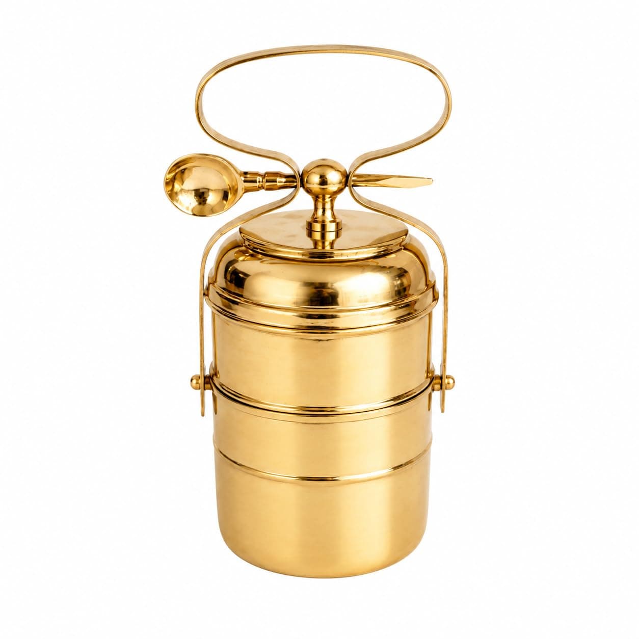 THE HEALING STORE Pure Brass Tiffin Box 3 Tier with Spoon & Handle | Traditional Indian Lunch Box | Leak Resistant Stackable Brass Food Container for Office, School, Travel, Picnic & Home Use