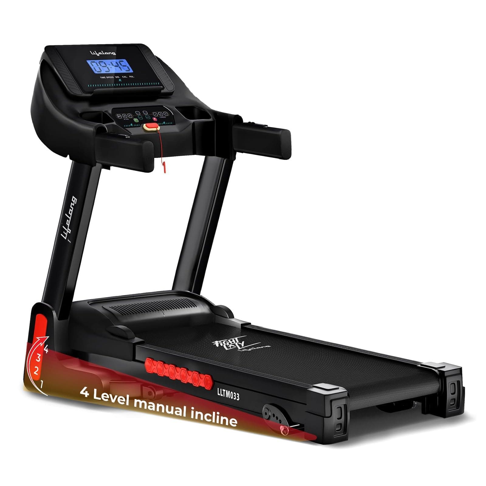 Lifelong FitPro Motorized Treadmill for Home (4HP Peak) | 3-Level Manual Incline | Rubberies Shock Absorption | Foldable Hydraulic | 12 Preset Workouts | 14km/hr | 100Kg | Bluetooth (LLTM033)