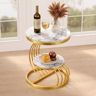NEST NATURE HAVEN Metal, Engineered Wood Small Corner Side Table Coffee Console and Sofa Table Living Room Bedside Shelf Table Coffee Table End Table Night Stand (Golden and White)